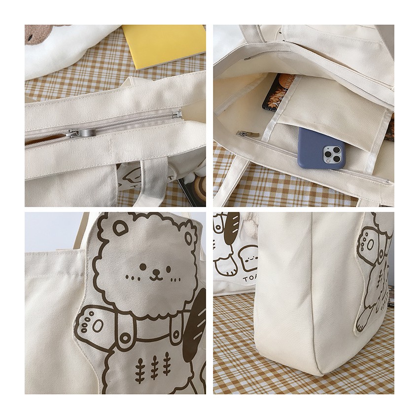 Túi tote vải canvas - Hình gấu - có khóa, túi con - Bobemstore
