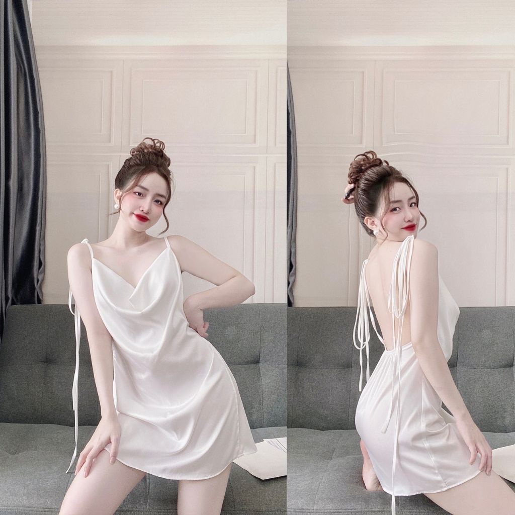 Đầm ngủ sexy váy ngủ 2 dây gợi cảm TUTA chất lụa satin cao cấp thiết kế cổ đỗ hở lưng quyến rũ - MK07