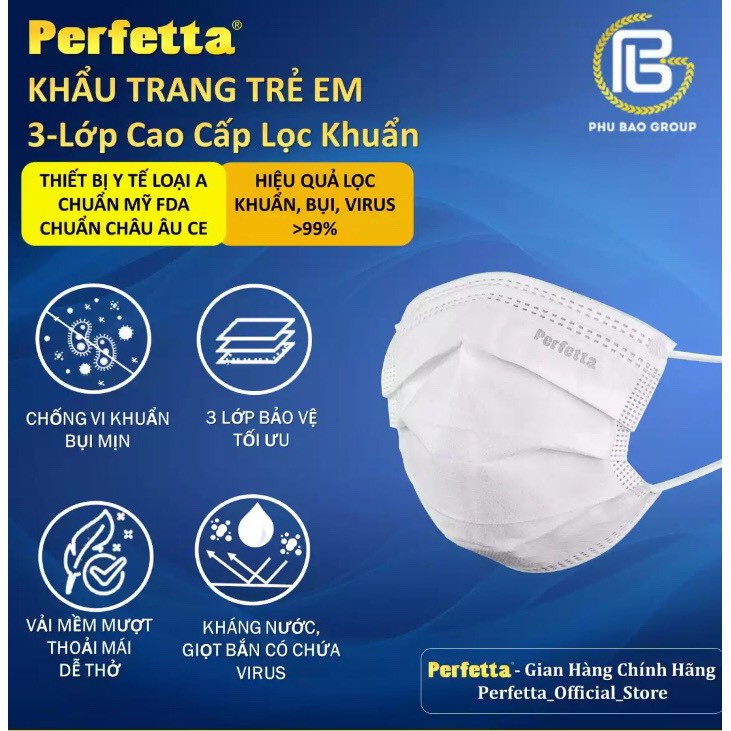 Khẩu trang y tế trẻ em ( 06-12 tuổi ) cao cấp Perfetta 3 lớp-Hộp 35 cái- Hàng đạt chuẩn xuất Châu Âu