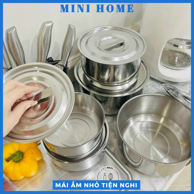 Bộ 5 Thố Inox Không Quai Có Nắp Đậy Đủ Kích Thước Cao Cấp (MY HOME)