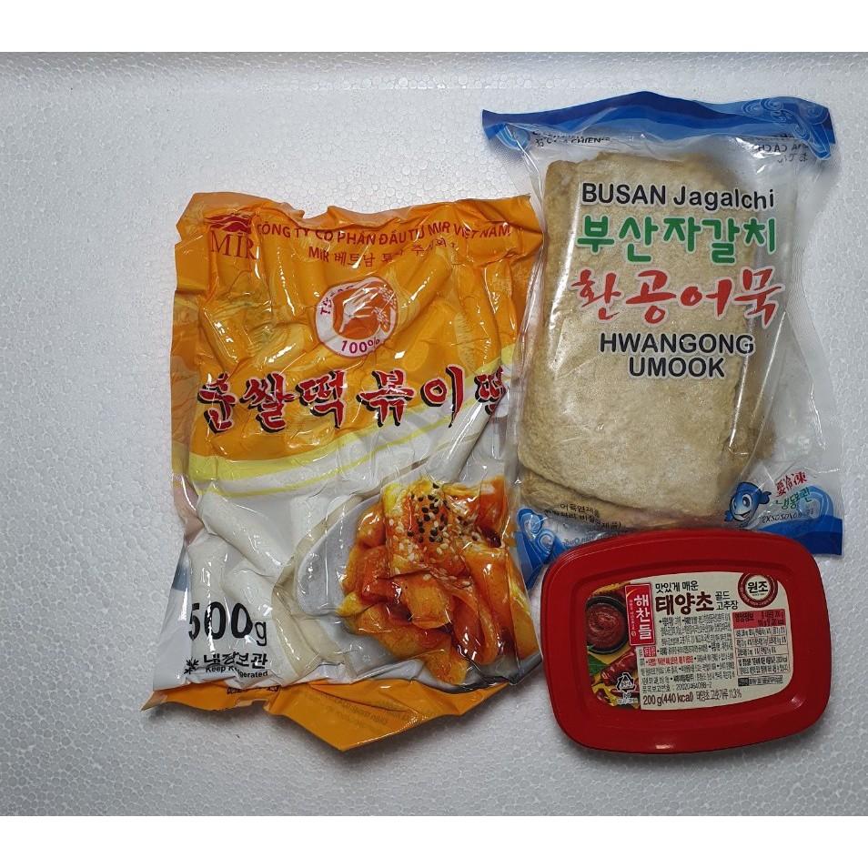 [COMBO-1] Tobokki Bánh gạo cay Hàn Quốc( 500g tok thỏi + 200g sốt + 450g Chả cá Bussan)