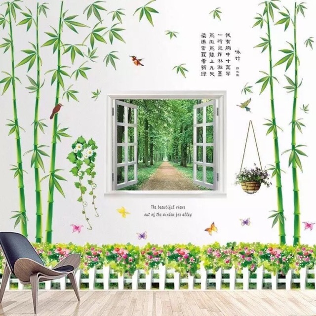 BỘ COMBO DECAL GHÉP ĐÔI DÁN TƯỜNG - TRÚC LỚN KẾT HỢP CỬA SỔ VÀ HÀNG RÀO TỈ MUỘI ( 4 tấm )