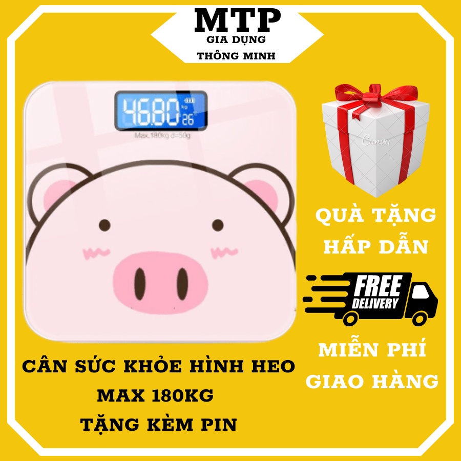 Cân điện tử sức khỏe gia đình 180kg hình chú heo, Tặng kèm pin AA