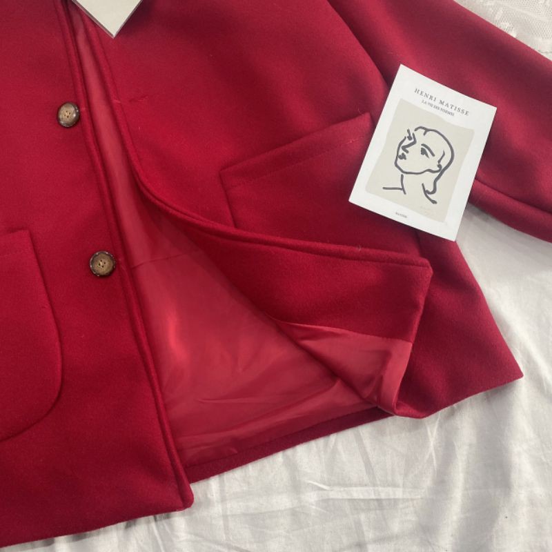 Áo khoác dạ đỏ mũ lông trắng siêu ấm BCi