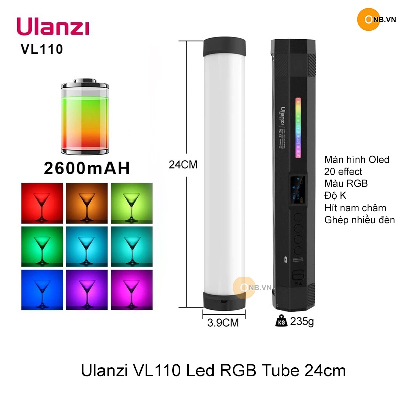 Ulanzi VL110 Led RGB đèn ống dài 24cm cho chỉnh màu RGB - Độ K - 20 hiệu ứng ánh sáng