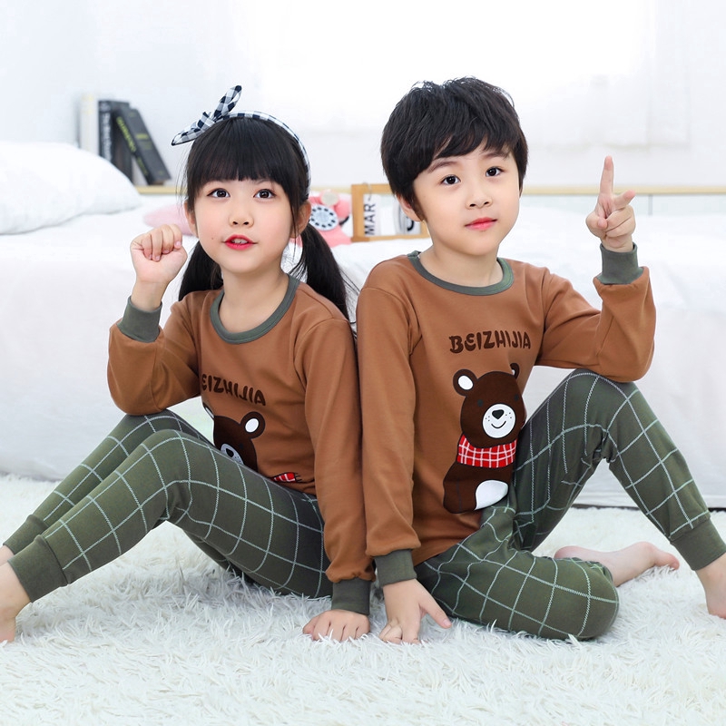 Bộ đồ ngủ tay dài 2 món chất liệu cotton in họa tiết gấu dễ thương cho bé trai và gái