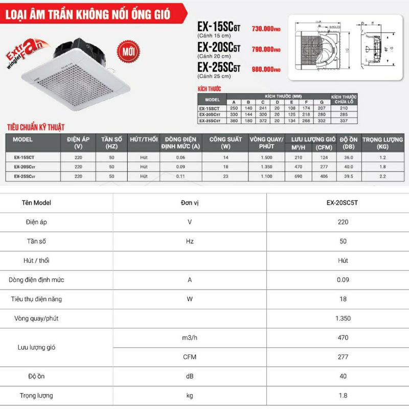 Quạt hút âm trần không nối ống gió Mitsubishi EX-20SC5T