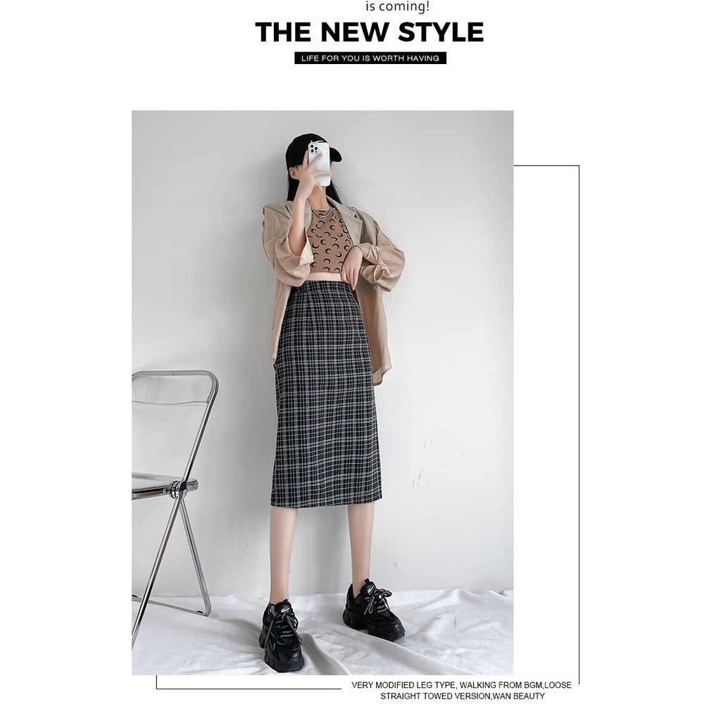 Chân váy dài kẻ ulzzang xẻ tà, chân váy midi lưng cao hoạ tiết sọc caro sogeum.store | BigBuy360 - bigbuy360.vn