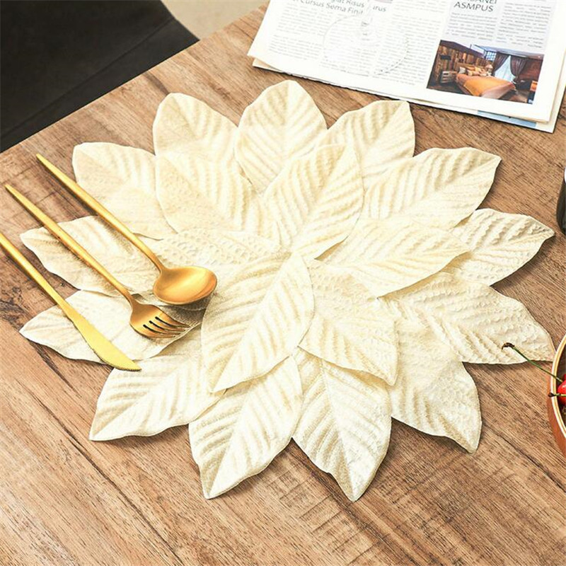 39x39cm Artificial Flower Splicing Leaf Placemats Creative Golden Christmas Placemat Dining Table Mat Waterproof Pad Home Desktop Decoration