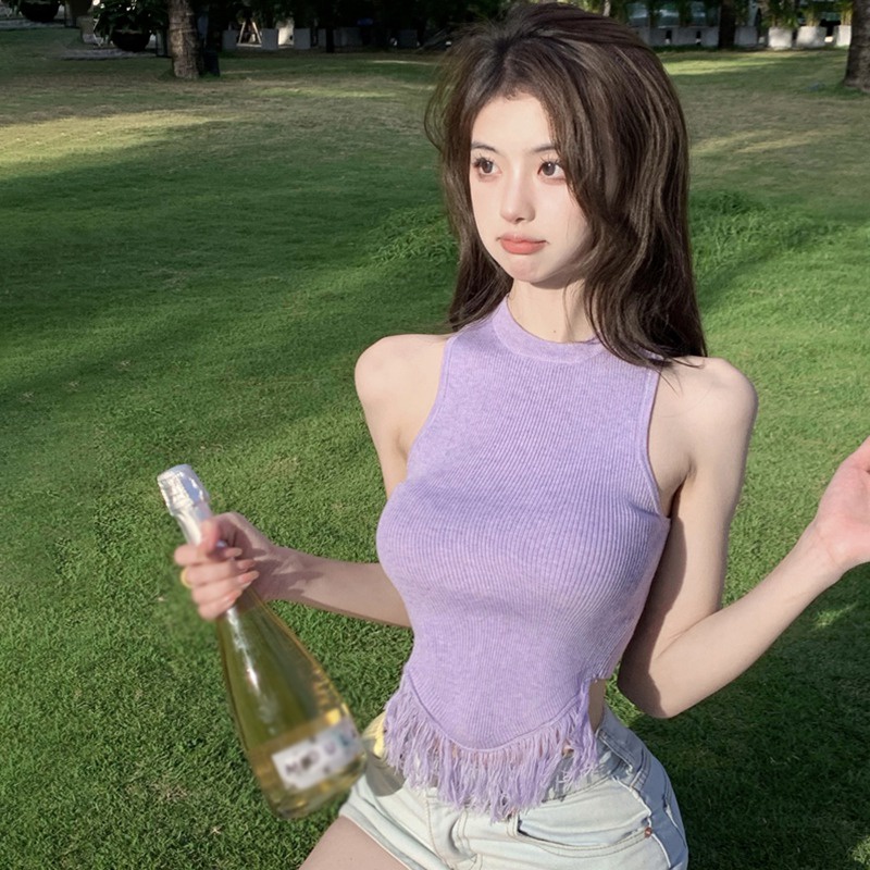 Áo Croptop Dệt Kim Sát Nách Thiết Kế Tua Rua Độc Đáo