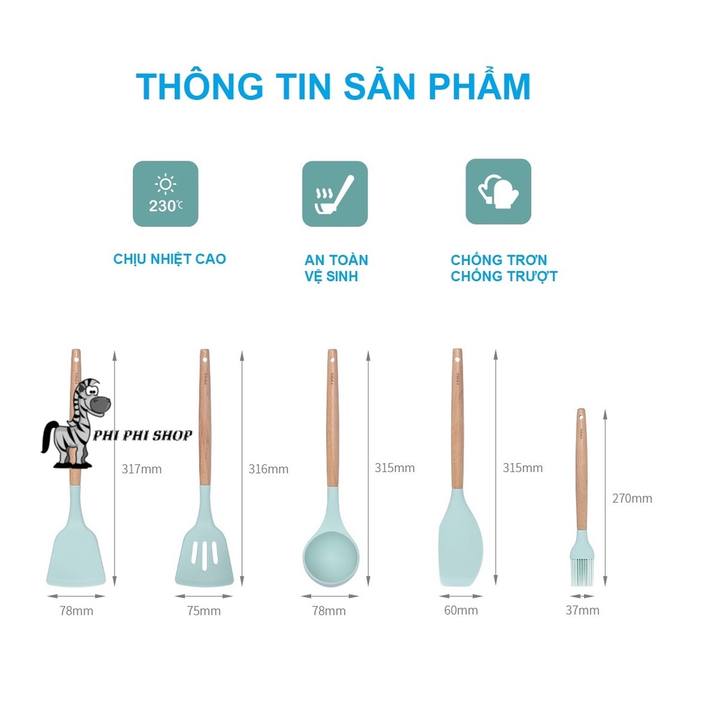 Dụng cụ bếp bằng silicone cán gỗ sồi tự nhiên Fasola SH-121 : xẻng xào , phới vét bột, cọ quét dầu , muôi múc canh