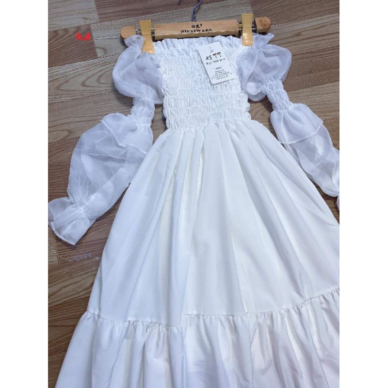 Đầm Trắng Công Chúa Tiểu Thư Tay voan Ulzzang Váy Chiffon NHÚN NGỰC Trễ Vai or Cổ Vuông