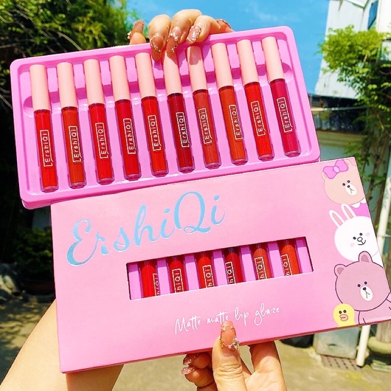 Set 10 Son Kem Lì ErShiQi Gấu Vịt Matte Matte Lip Glaze Cute Siêu Hot Siêu Rẻ Vị Hoa Quả GOT STORE