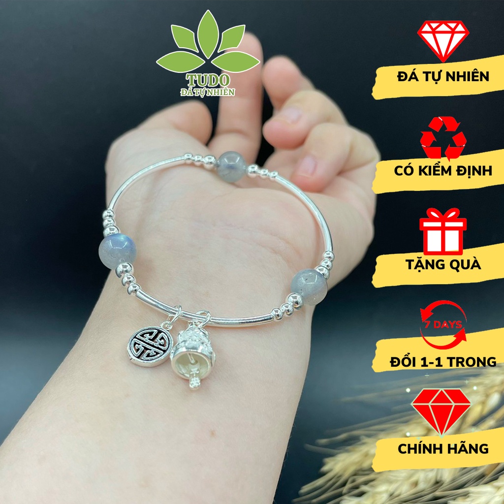 Vòng tay charm bạc TUDO 3 hạt Xà Cừ xám ánh xanh mix mèo thần tài, chữ hỉ - Tài Lộc May Mắn - nữ Thủy Kim