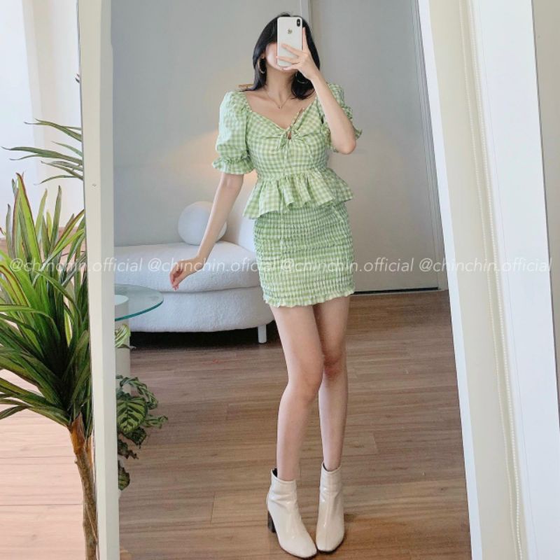 Set peplum caro xanh thắt nơ tay bo + chân váy nhún