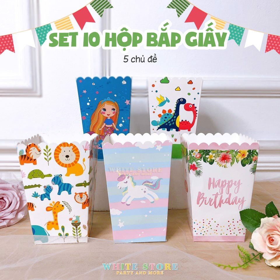 Set 10 Hộp Bắp Giấy Trang Trí Sinh Nhật Party - 5 Chủ Đề Dễ Thương - Whitestore.vn