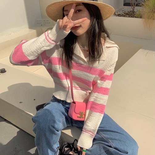 Áo kiểu ZHELIHANGFEI dệt kim cổ polo tay dài dáng ngắn rộng họa tiết kẻ sọc dễ phối đồ thời trang