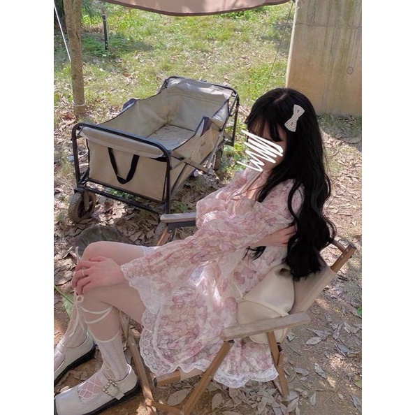 Đầm hoa hồng tay loe viền ren td bo tay