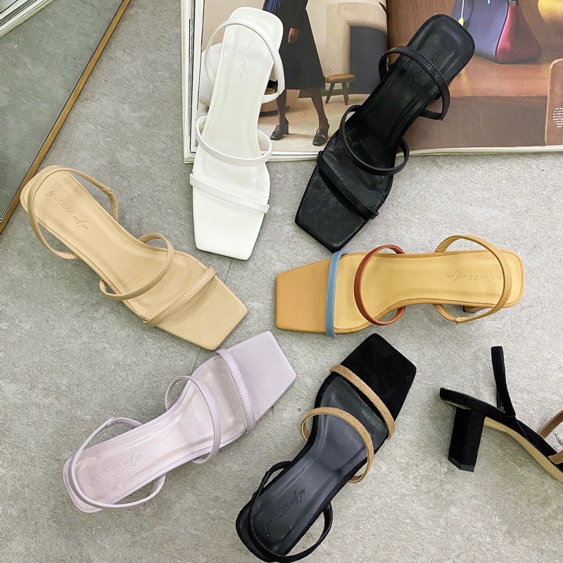 Giày sandal cao gót quai ngang 2 dây mảnh gót dẹp cao 6cm mũi vuông thời trang