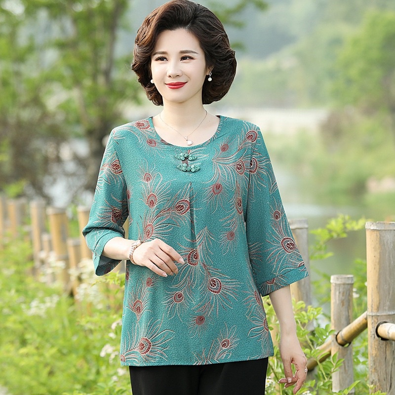 Áo sơ mi kiểu trung niên nữ phối hoạ tiết sang trọng món quà ý nghĩa tặng mẹ