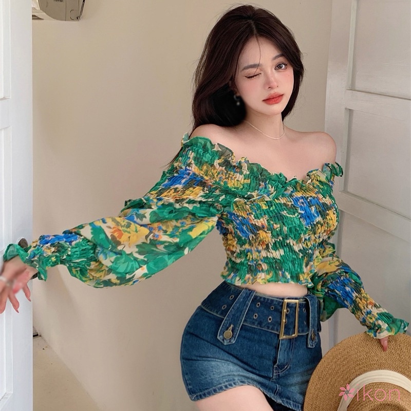 Áo Trễ Vai Tay Dài In Hoa Quyến Rũ Cho Nữ
