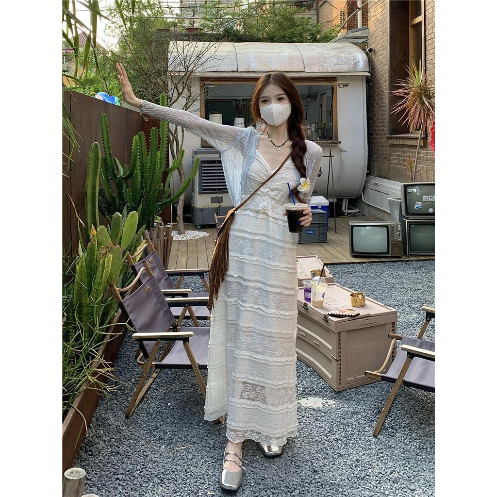 Đầm Dây Ren Mỏng Dài Tay Phong Cách Hàn Quốc Cổ Điển 62148