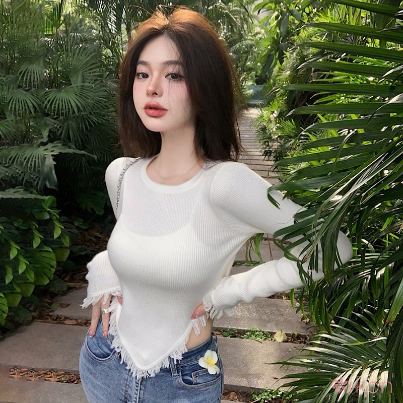 Áo Croptop Dệt Kim Tay Dài Cổ Tròn Màu Sắc Thanh Lịch