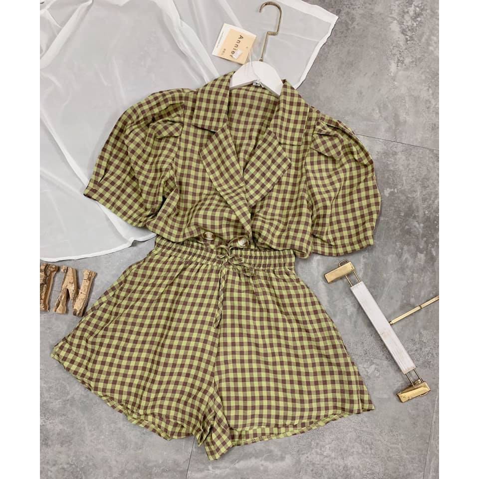 (Có sẵn + Ảnh thật) SET VEST CARO XANH TAY BỒNG MIX NHIỀU KIỂU DÁNG