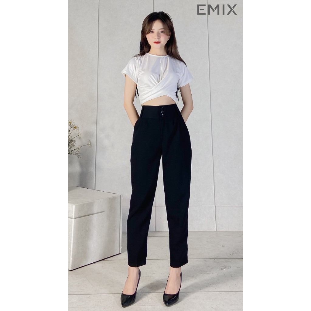 Quần tây nữ baggy công sở 3 cúc EMIX , cạp cao, túi chéo, có đai lưng, vải tuyết mưa mềm nhẹ, sơ vin lịch sự