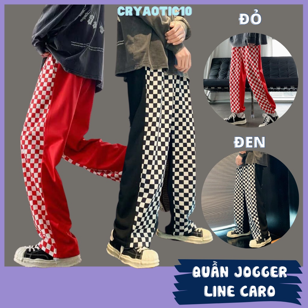 Quần jogger phối caro một nữa đen đỏ quần dài caro nam nữ unisex cryaotic10