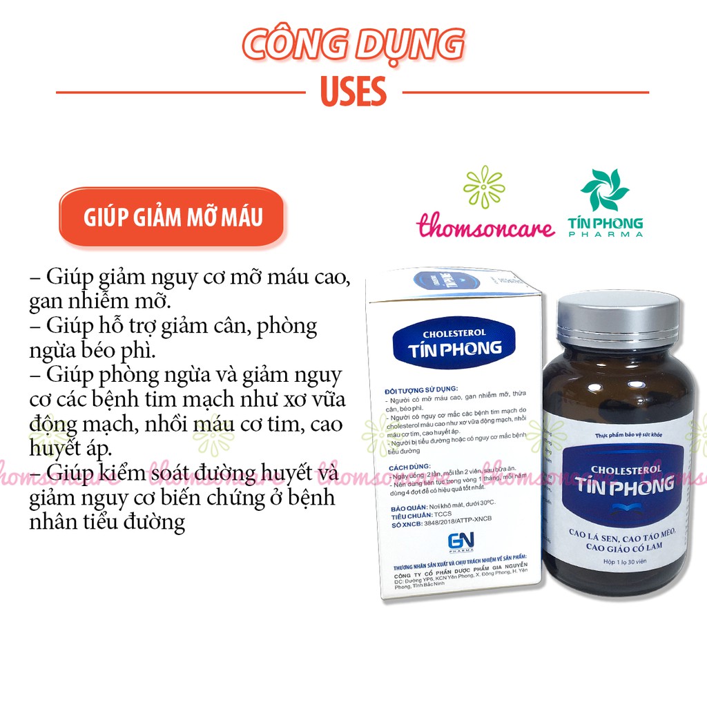 Hỗ trợ giảm mỡ máu - Hạ Cholesterol Tín Phong - hộp 30v từ lá sen, giảo cổ lam, hỗ trợ giảm cân, béo phì