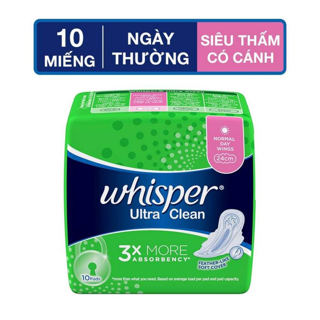 Băng vệ sinh Whisper Ultra Clean siêu mỏng, có cánh, ngày thường (10 miếng)