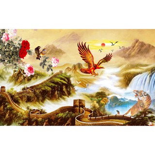 Tranh dán tường 3D Song hùng tương ngộ - tranh hổ - tranh đại bàng - vạn lý trường thành