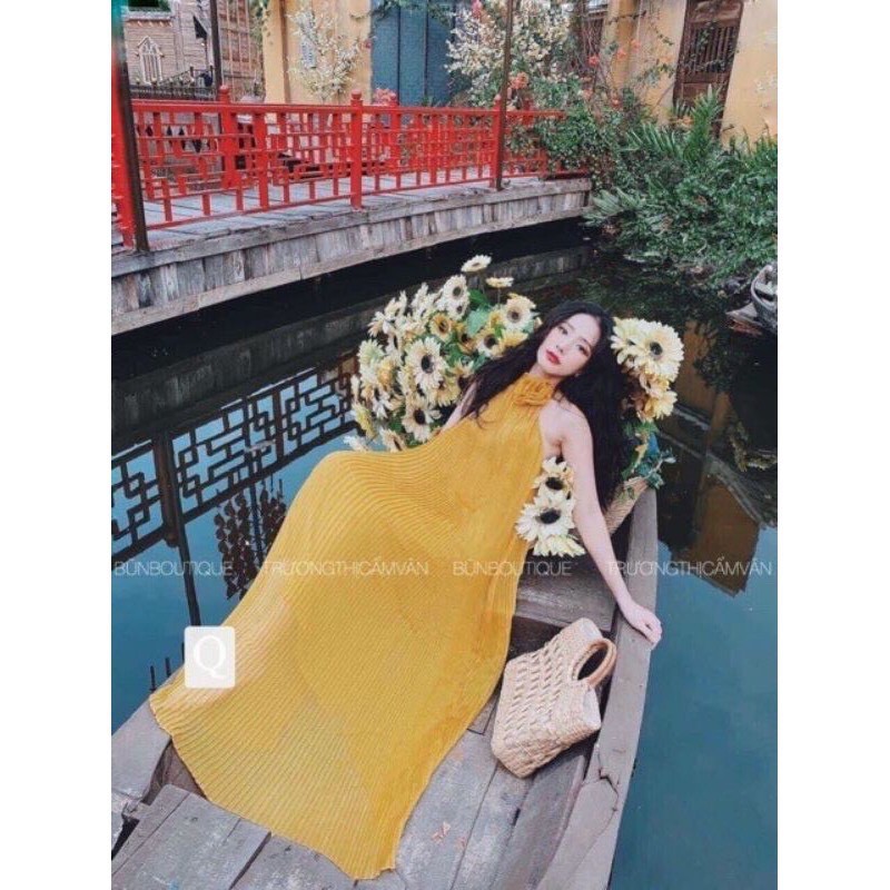 Đầm maxi dập ly cổ yếm hở lưng, có mút ngực, đầm đi biển, bầu bí bon chen được + ảnh thật