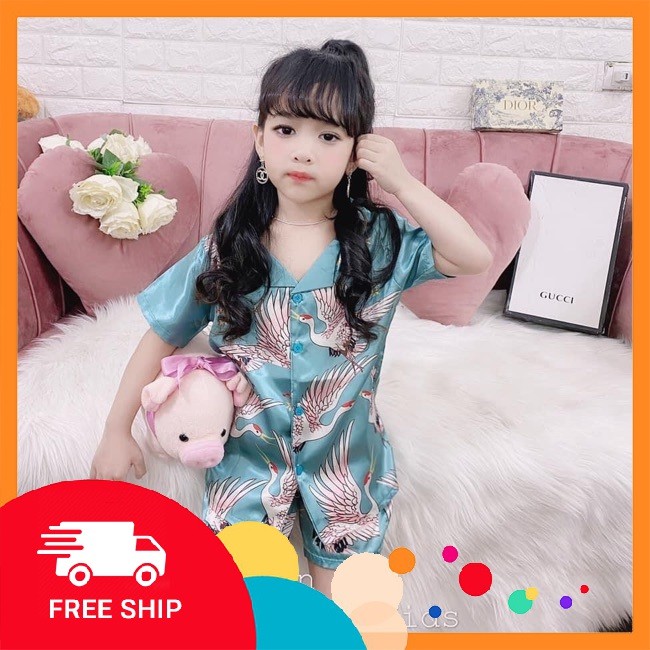 Bộ Pyjama  lụa Satin chim hạc (18-28kg) cho bé trai bé gái chuẩn hàng loại 1