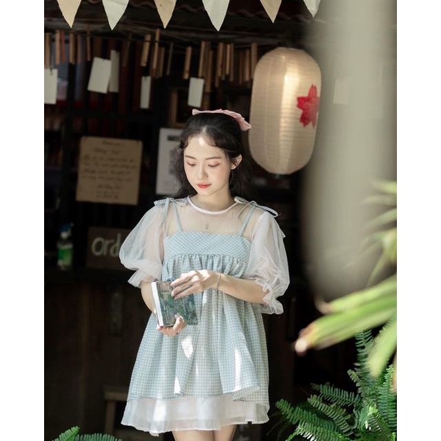 Áo babydoll tay phồng phối ren lưới caro nhí xanh bơ x váy quần xoè V - Tiny Babydoll - CARROTFARM
