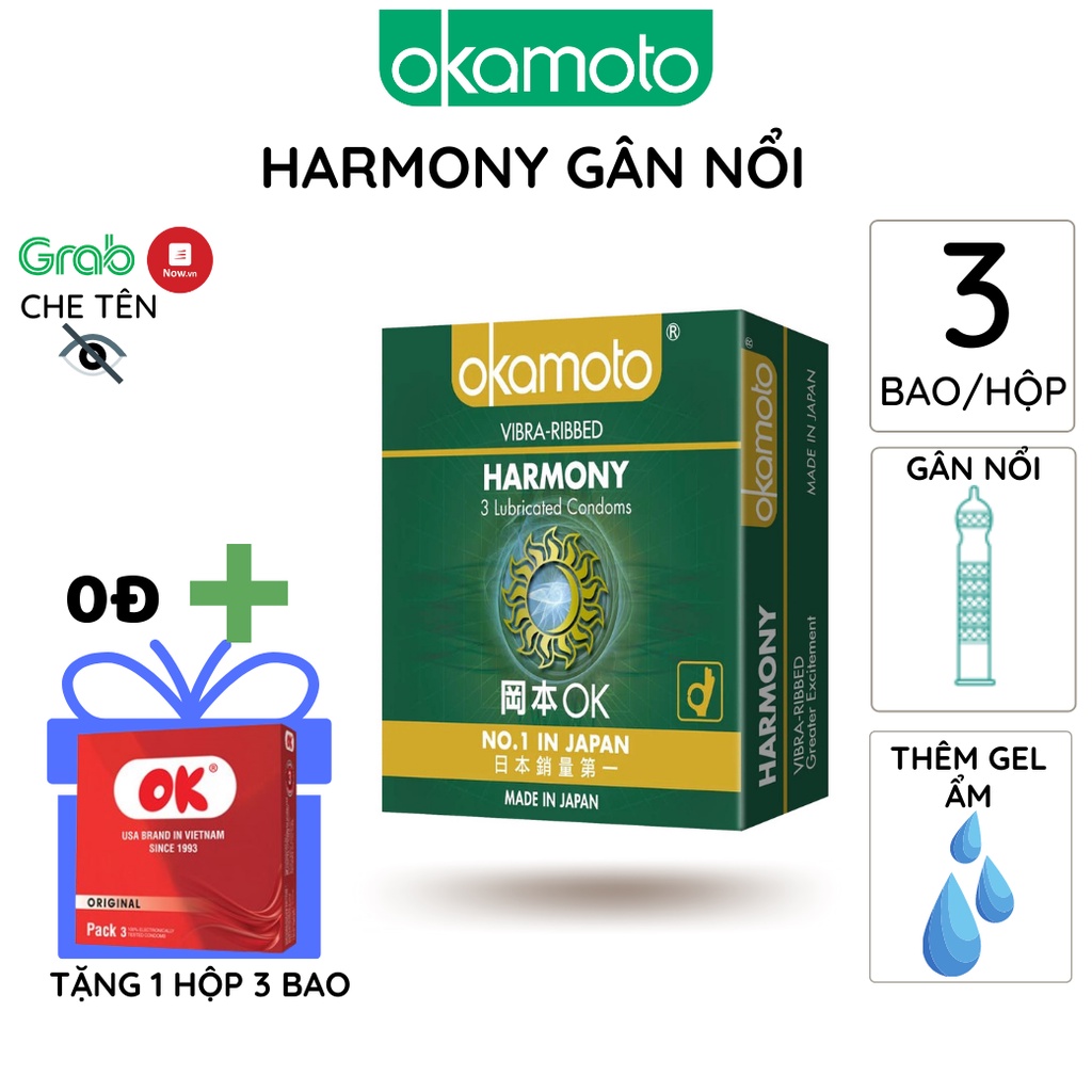 Bao cao su Okamoto Harmony Vibra Gân Rung 3 cái/hộp chống tuột siêu mỏng kéo dài thời gian