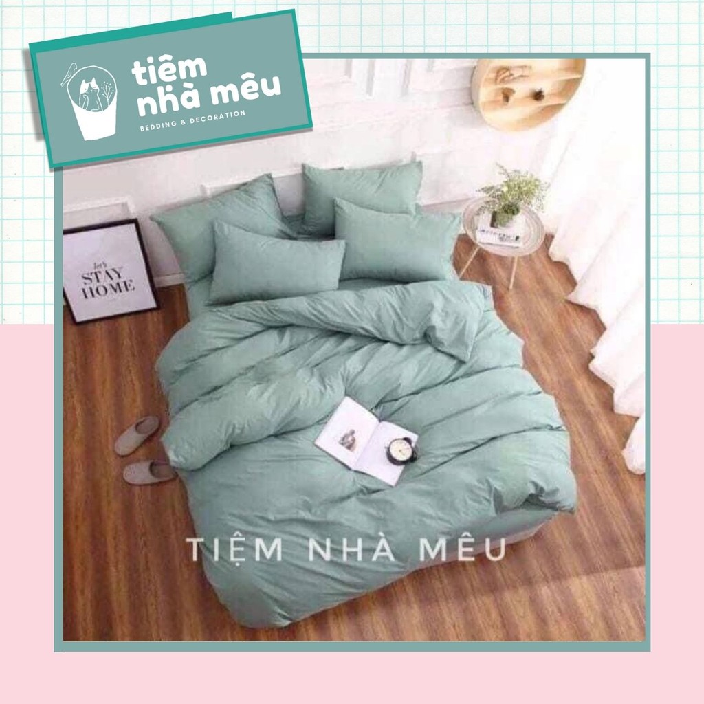 Bộ Chăn Ga Gối Cotton 80% ✨ m6/m8/2m - Full size Tiệm Nhà Mêu✨Set 4 Mon 2 Vỏ gối ,drap , vỏ chăn Màu Trơn Vintage