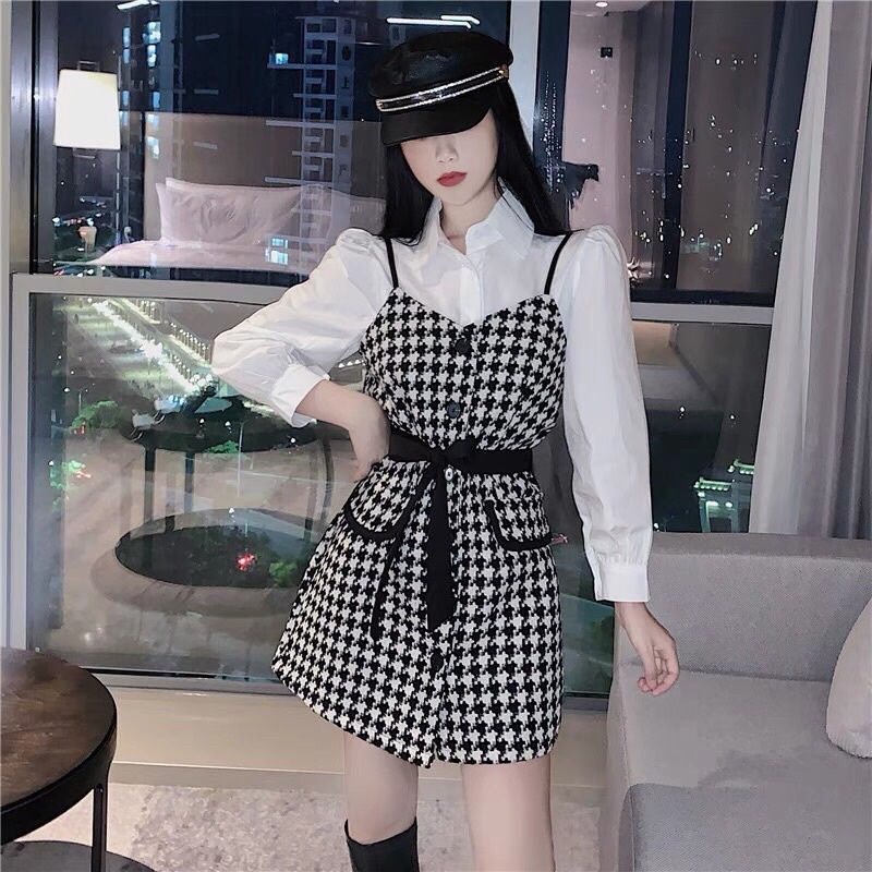 ✨✨ Set 3 chi tiết áo sơmi + váy dạ hai dây + đai đen ✨✨