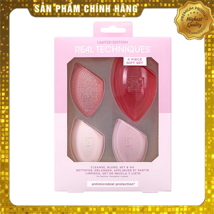 set 4 mút tán Real Techniques Limited Edition Cleanse, Blend, Set and Go Makeup Sponge Set