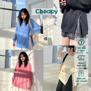 Áo sweater nữ cổ tròn xẻ tà trơn Cheapy form rộng dài tay màu đen be xanh hồng nữ tính hàn quốc mùa đông C508