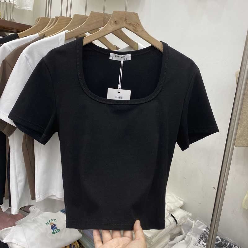 Áo Thun Tay Ngắn Cổ Vuông Màu Sắc Đơn Sắc Thời Trang Mùa Hè Quyến Rũ Cho Nữ