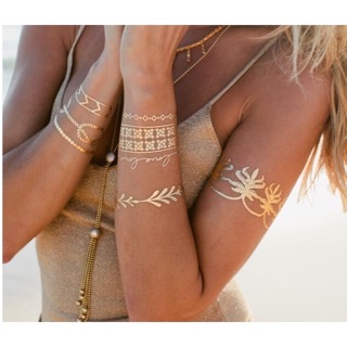Hình xăm dán ánh kim Metalic- Set hình xăm nhũ ánh kim henna giả tatoo hóa trang Halloween