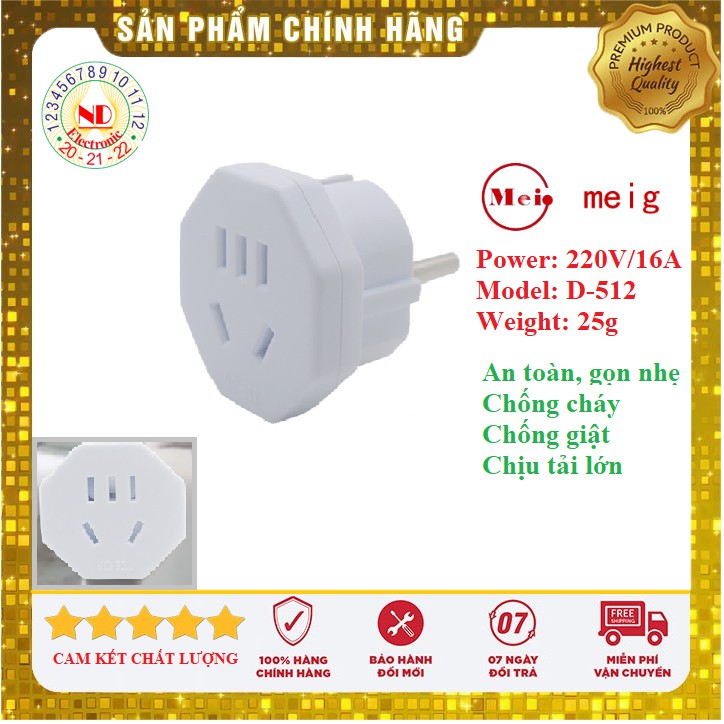 Phích cắm chuyển đổi 3 Chân Chéo (hoặc 2 Chân Thẳng) DẸT sang 2 chân TRÒN chuẩn VIỆT NAM YD-512 SIÊU CHỊU TẢI 16A