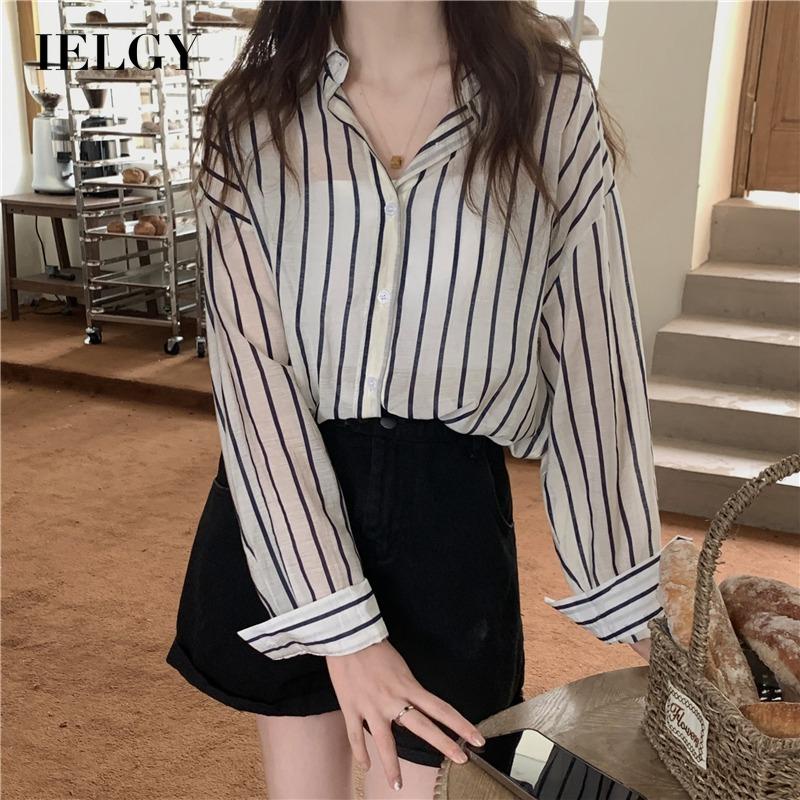 Áo sơ mi IELGY tay dài dáng rộng thiết kế kẻ sọc thời trang cho nữ
