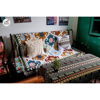 Thảm phủ sofa dệt thổ cẩm, boho, vintage con cua (2 mặt)