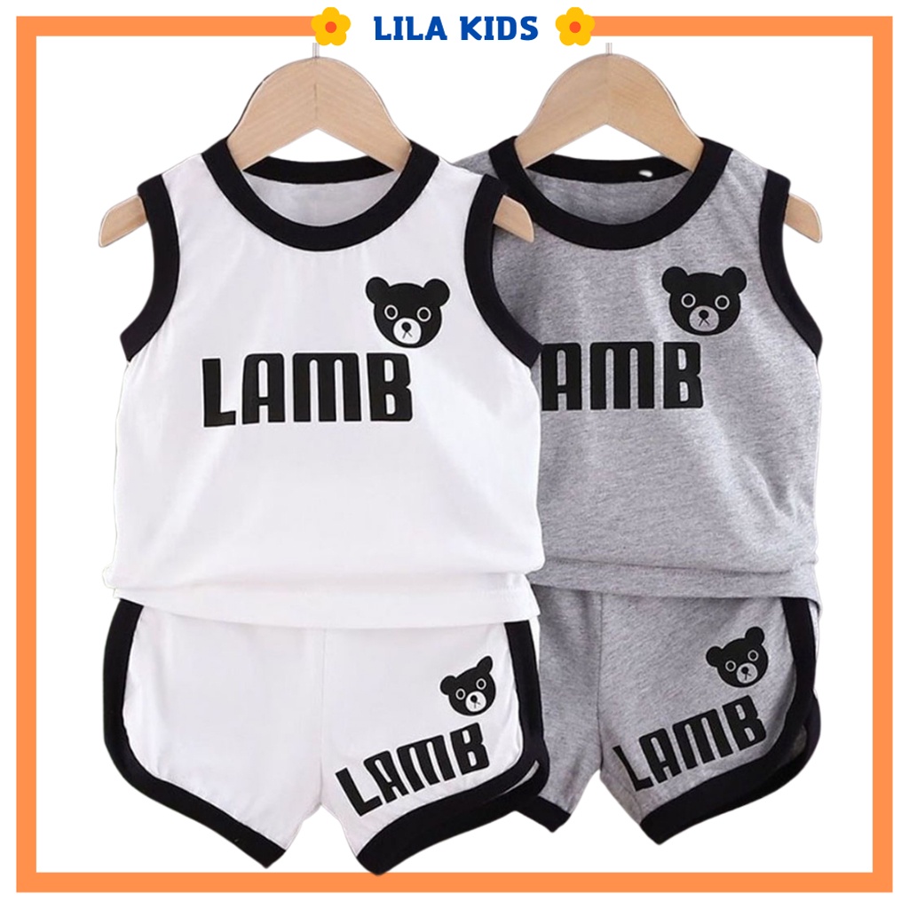 Bộ ba lỗ cho bé, Bộ sát nách in hình gấu cho bé trai và bé gái 100% cotton từ 6 -28kg - LILA KIDS