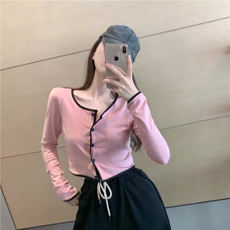 Áo kiểu croptop tay dài màu hồng viền đen cá tính dễ thương