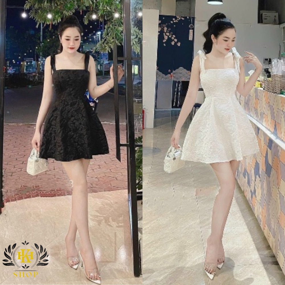 Váy 2 dây - Váy gấm hai dây bản to buộc nơ vai, May 2 lớp dày dặn sang chảnh, ôm eo tôn dáng HK Shop9720
