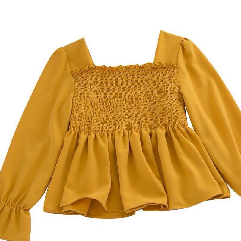 Áo babydoll cổ vuông nhún tay dài chất kate - Z7U